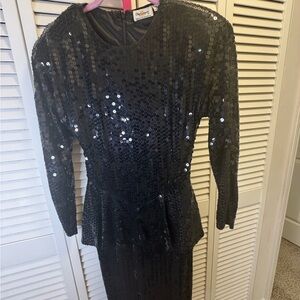 Oleg Cassini Black Sequin Long Sleeve Dress